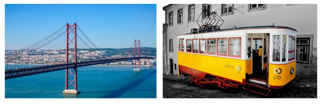 lisboa portugal puente 25 abril y tranvia amarillo calles